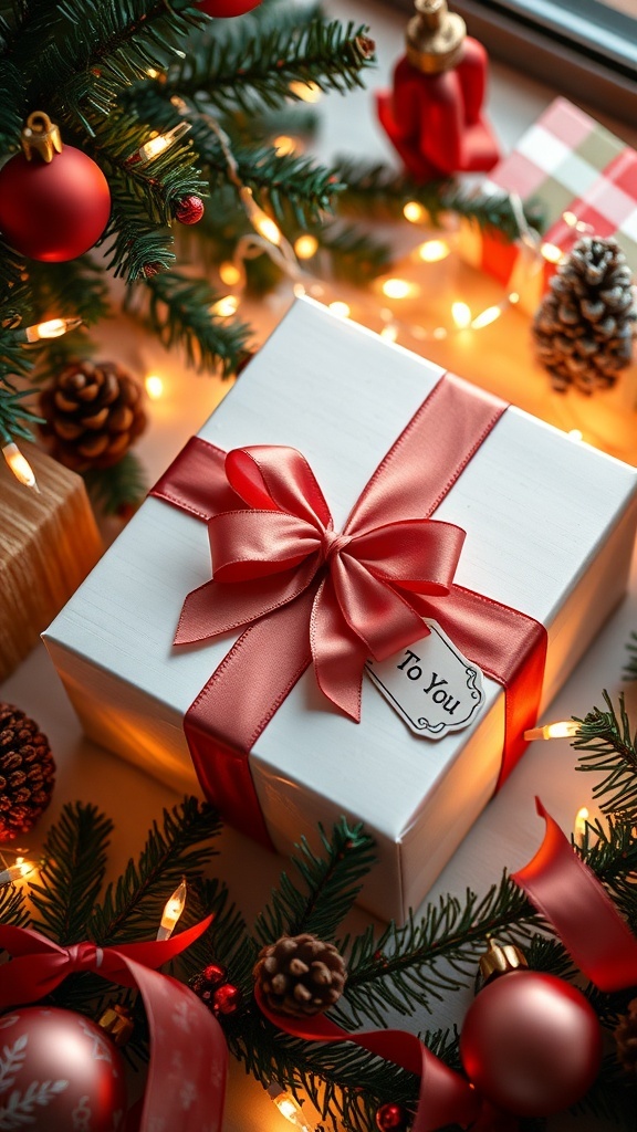 A festive Christmas gift box with decorations, ribbon, and holiday ornaments.